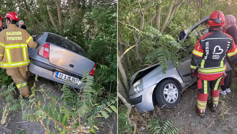 Balıkesir’de Şok Kaza! Otomobil Şarampole Yuvarlandı, İki Kişi Yaralandı